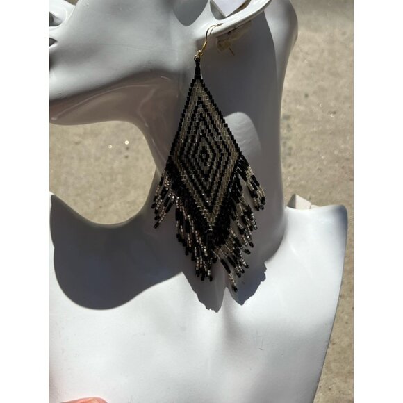 Vintage Long Black Clear Seed Bead Cluster Dangle Pierced Earrings Western 6” - Picture 9 of 13